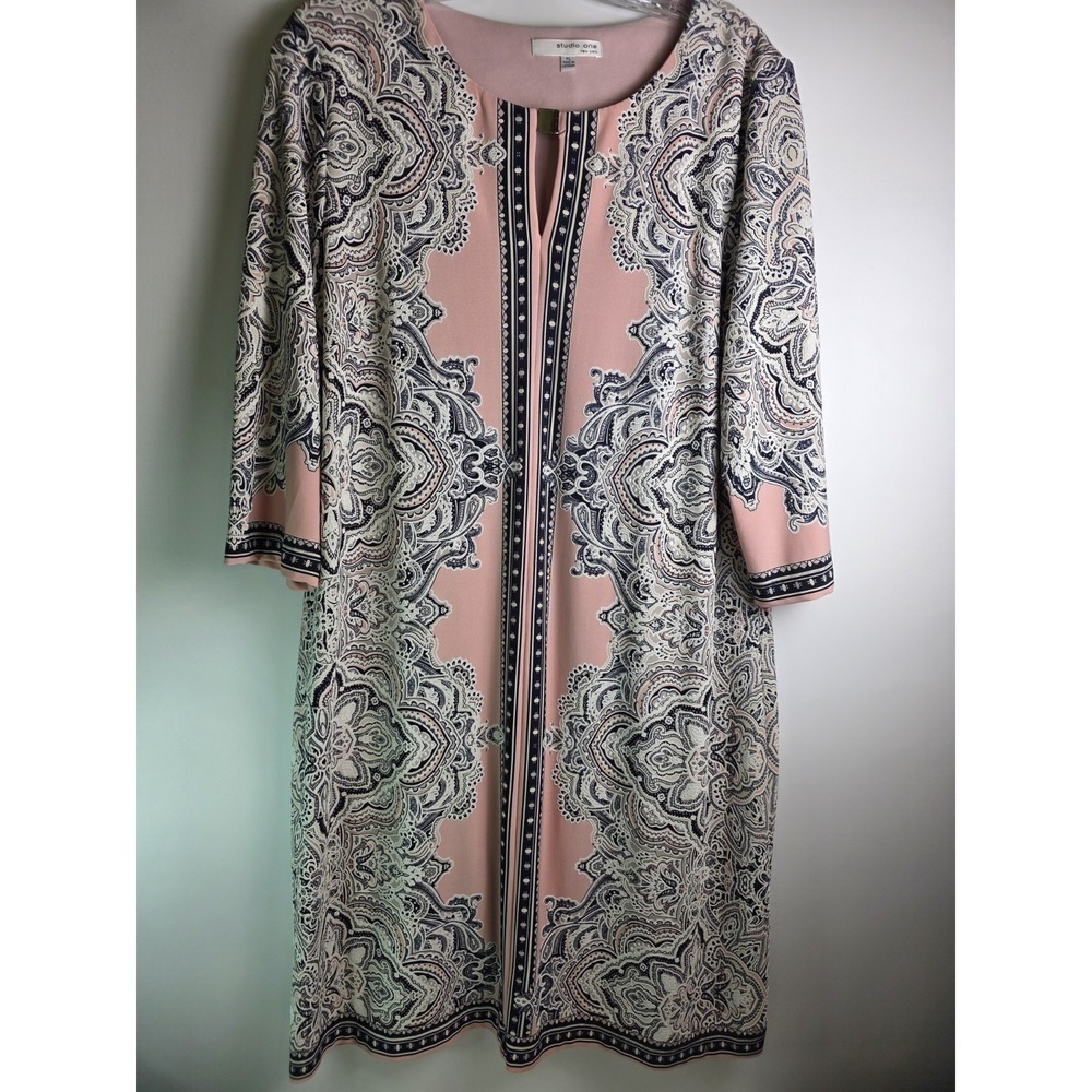 Studio One New York Womens Pink Plus Size XL Round Neck KeyHole 3/4 Sleeve Shift